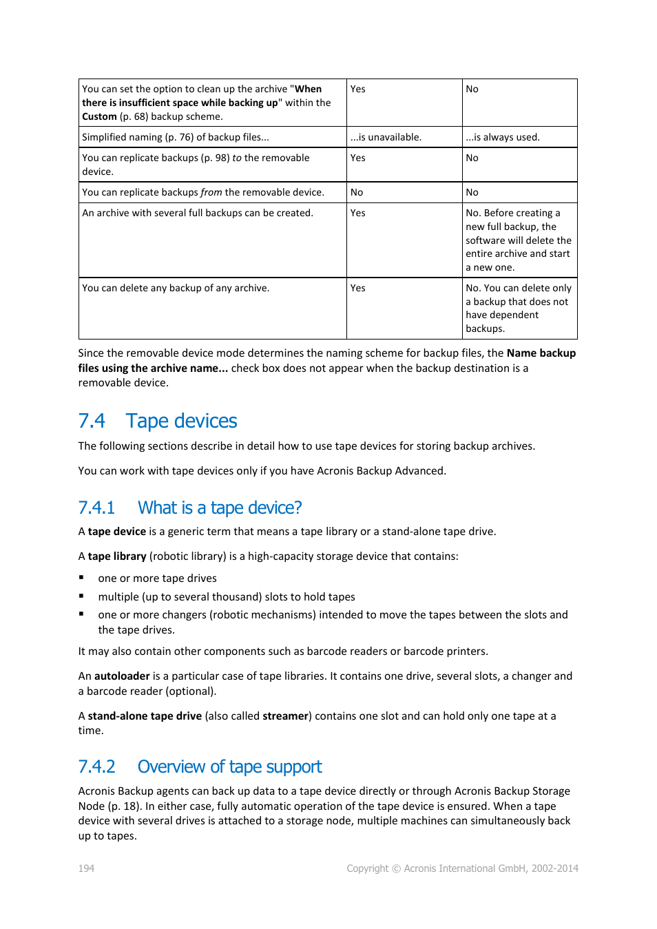 4 tape devices, 1 what is a tape device, 2 overview of tape support | Tape devices, What is a tape device, Overview of tape support, P. 194) | Acronis Backup for Windows Server Essentials - User Guide User Manual | Page 194 / 442