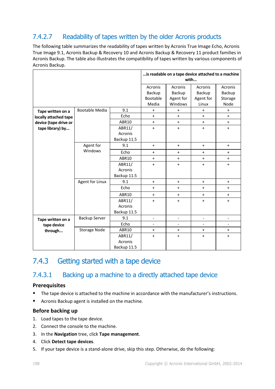 3 getting started with a tape device, Getting started with a tape device, Prerequisites | Before backing up | Acronis Backup for Windows Server Essentials - User Guide User Manual | Page 198 / 442