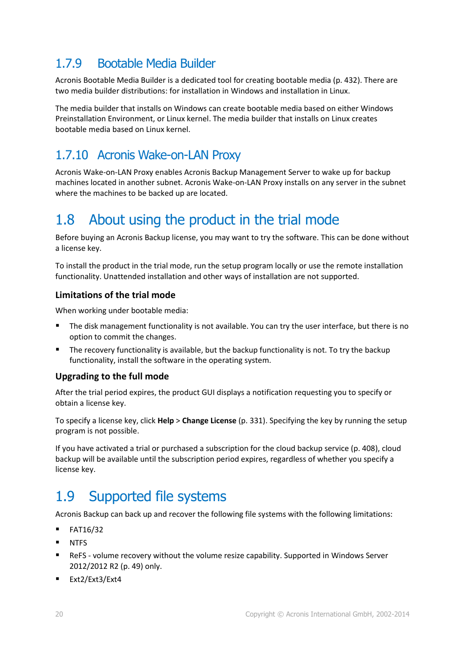 9 bootable media builder, 10 acronis wake-on-lan proxy, 8 about using the product in the trial mode | 9 supported file systems, Bootable media builder, About using the product in the trial mode, Supported file systems | Acronis Backup for Windows Server Essentials - User Guide User Manual | Page 20 / 442