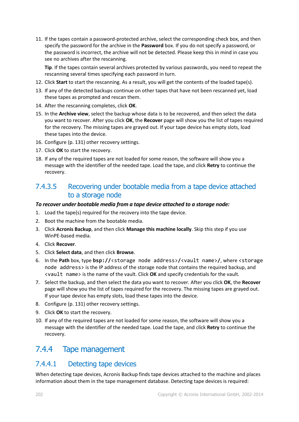 4 tape management, 1 detecting tape devices, Tape management | P. 202) | Acronis Backup for Windows Server Essentials - User Guide User Manual | Page 202 / 442