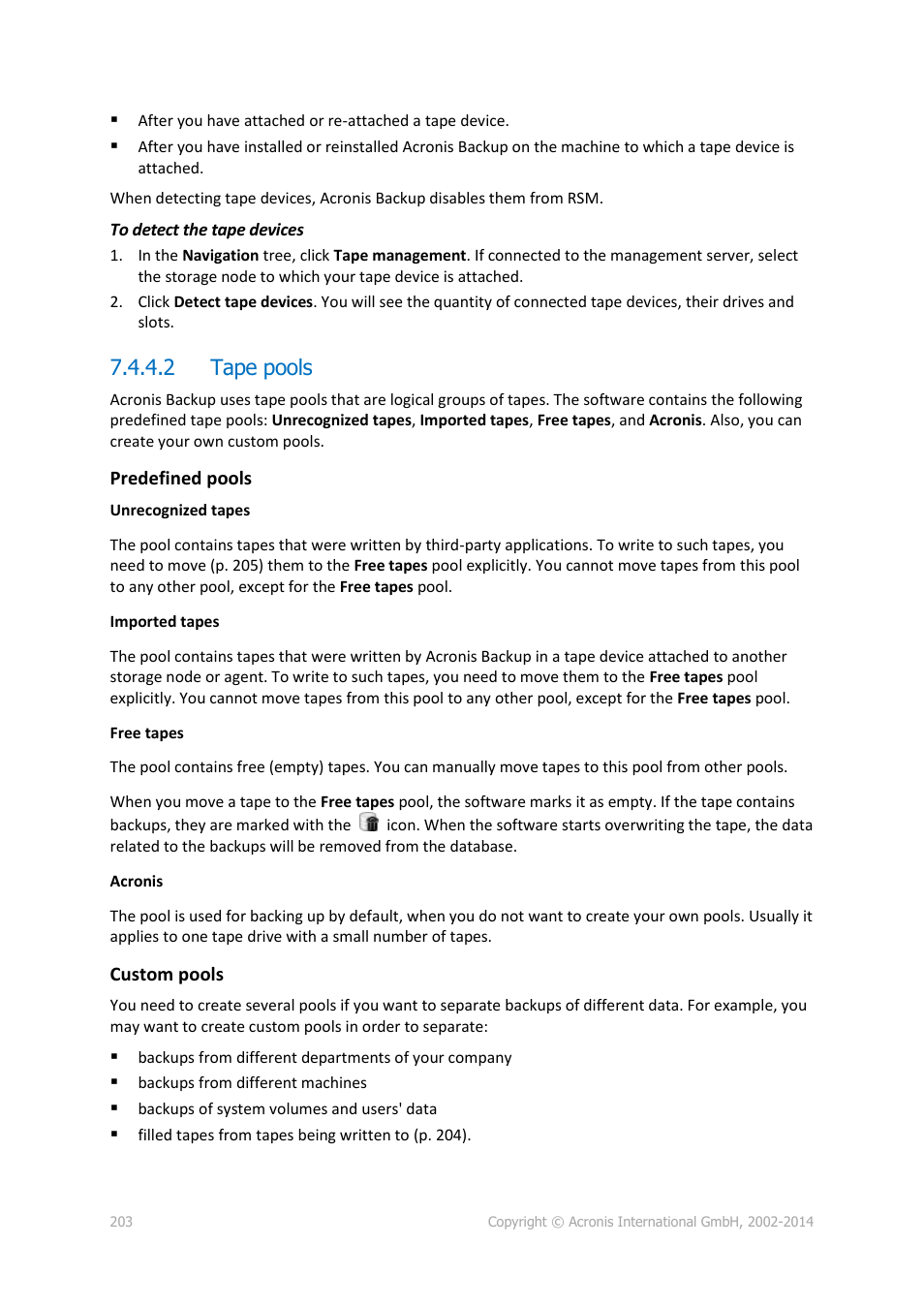 2 tape pools | Acronis Backup for Windows Server Essentials - User Guide User Manual | Page 203 / 442