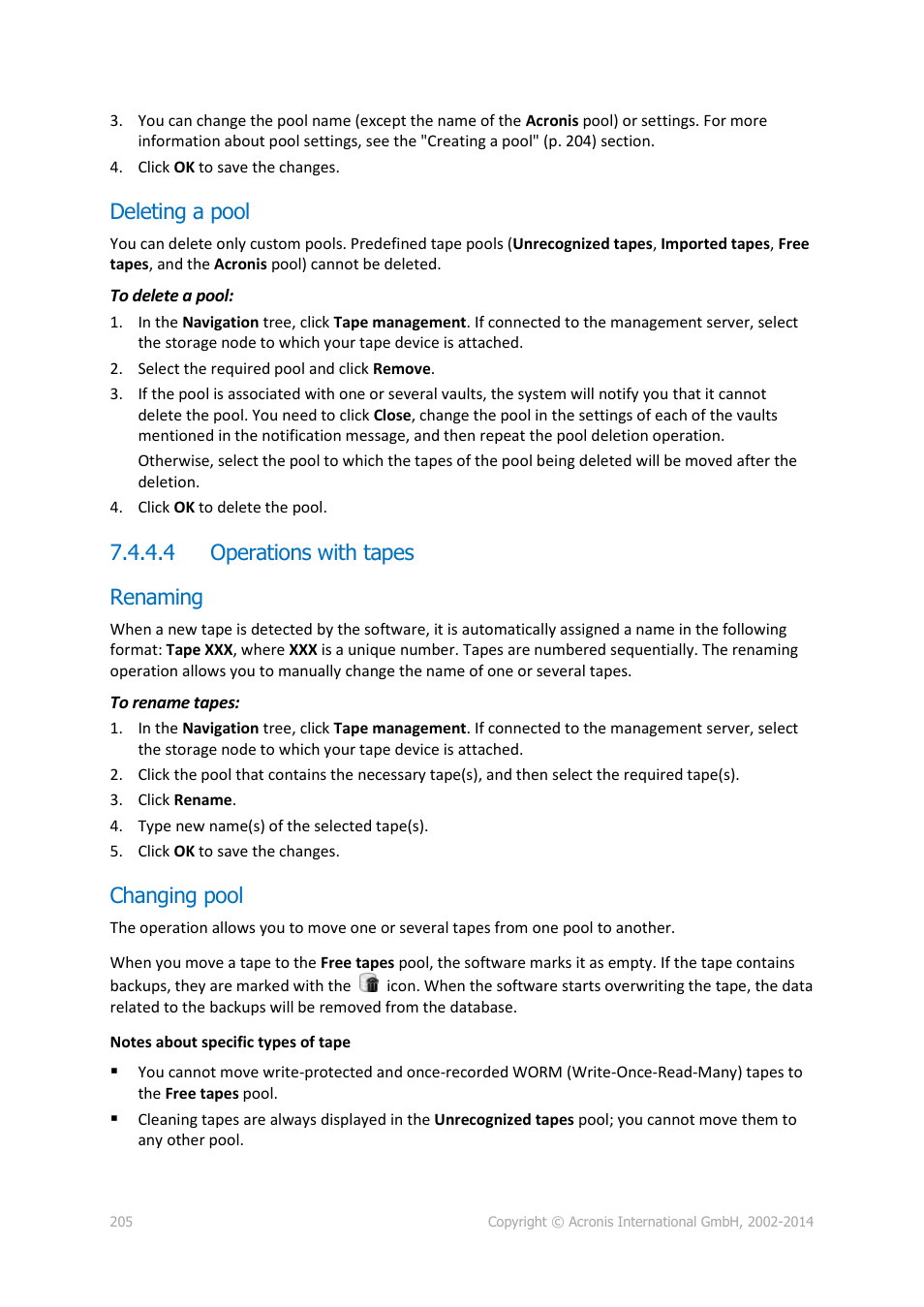 Deleting a pool, 4 operations with tapes, Renaming | Changing pool, 4 operations with tapes renaming | Acronis Backup for Windows Server Essentials - User Guide User Manual | Page 205 / 442