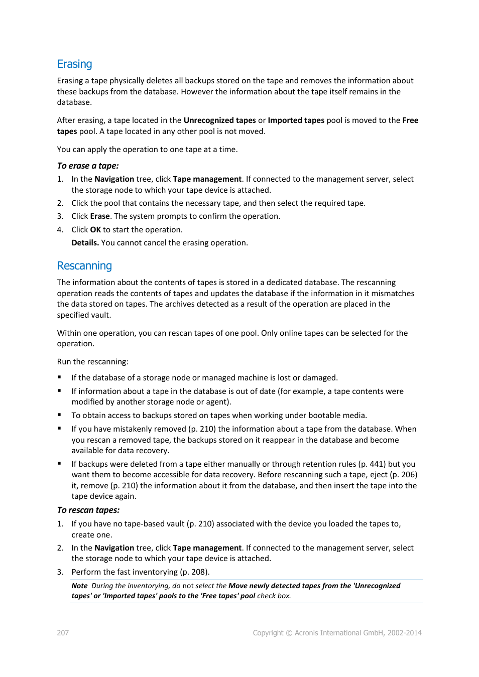 Erasing, Rescanning, P. 207) | Acronis Backup for Windows Server Essentials - User Guide User Manual | Page 207 / 442