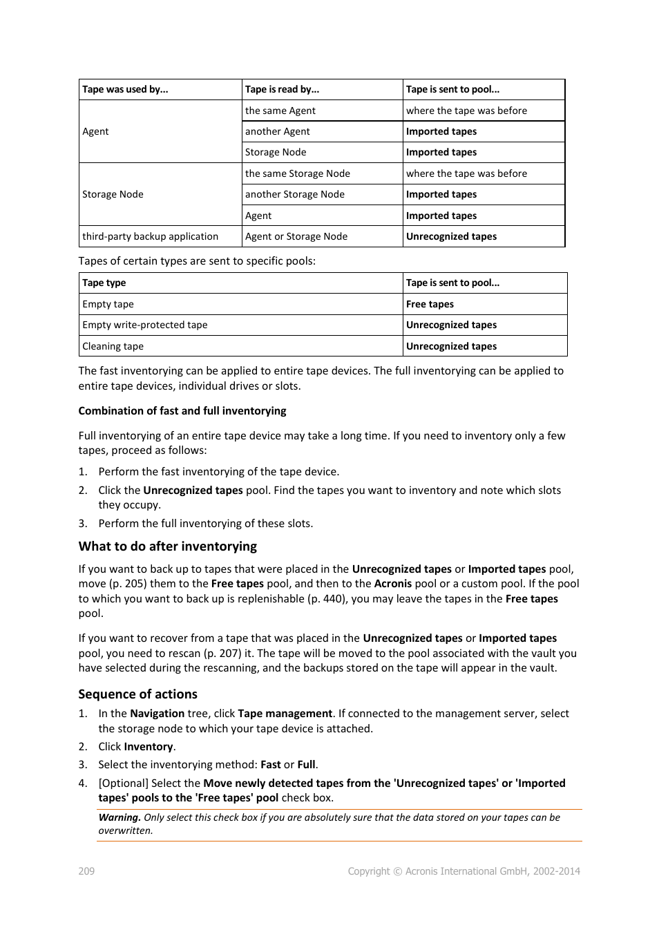 What to do after inventorying, Sequence of actions | Acronis Backup for Windows Server Essentials - User Guide User Manual | Page 209 / 442