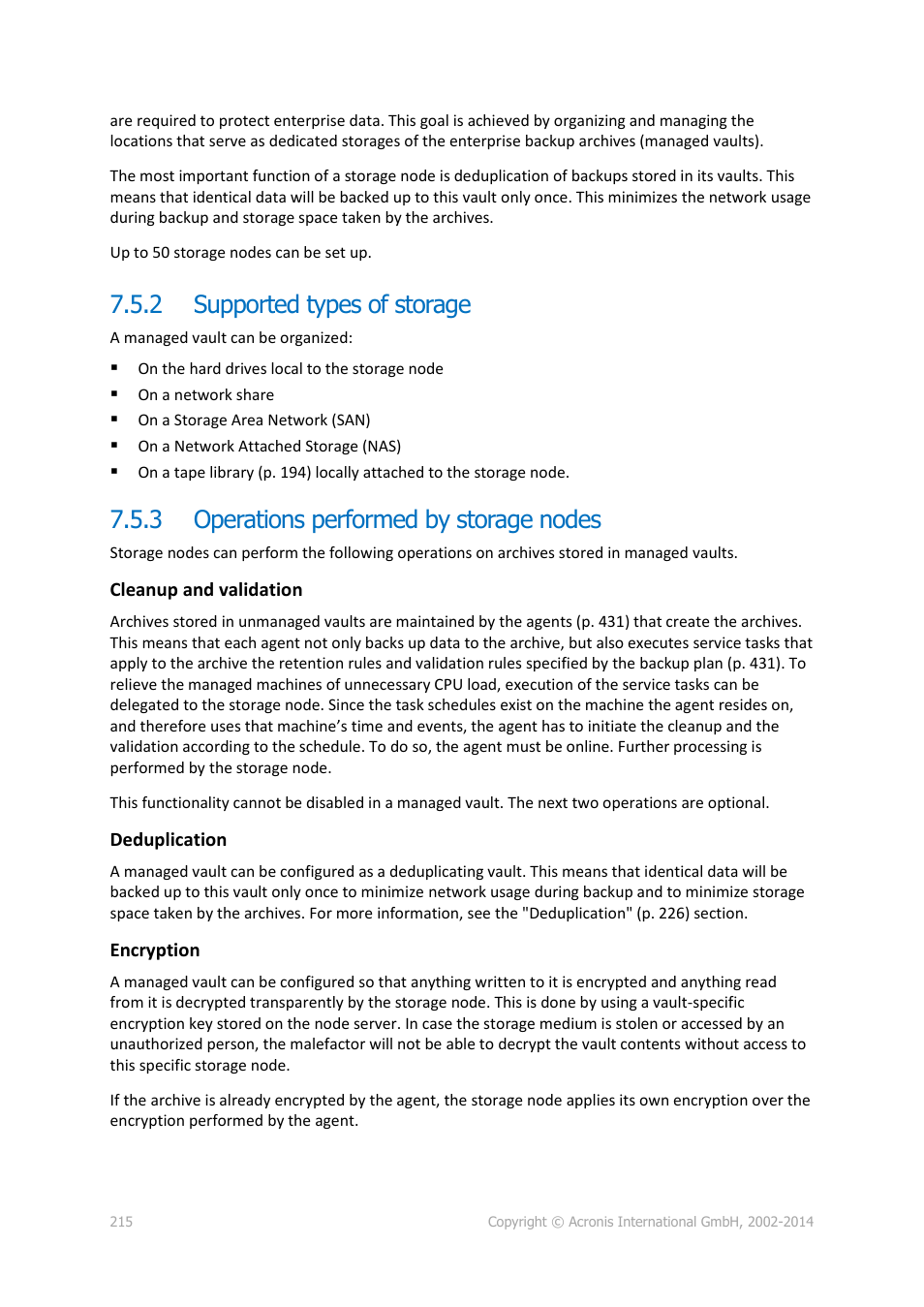 2 supported types of storage, 3 operations performed by storage nodes, Supported types of storage | Operations performed by storage nodes | Acronis Backup for Windows Server Essentials - User Guide User Manual | Page 215 / 442