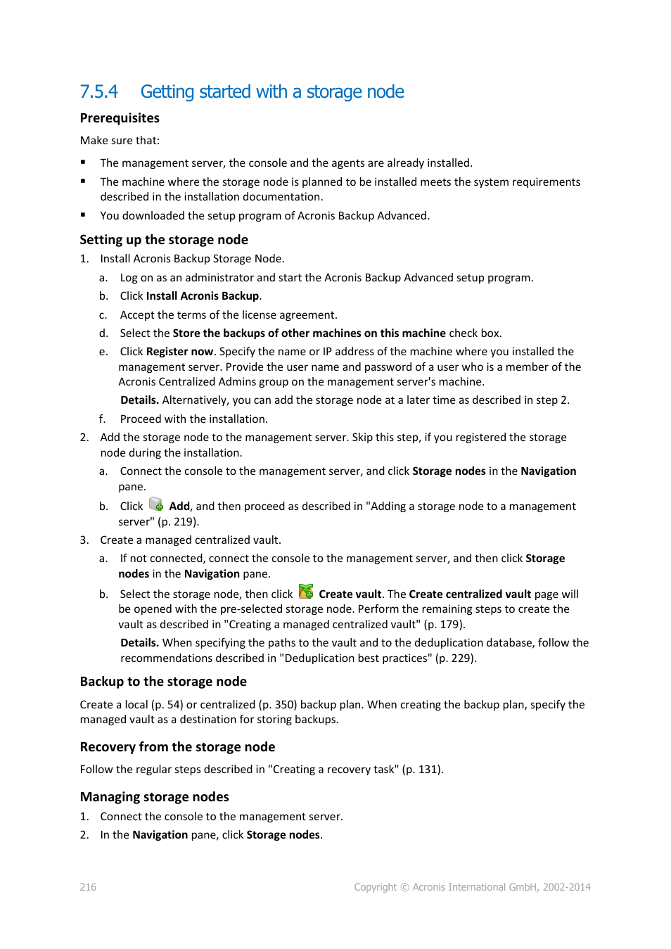 4 getting started with a storage node, Getting started with a storage node | Acronis Backup for Windows Server Essentials - User Guide User Manual | Page 216 / 442