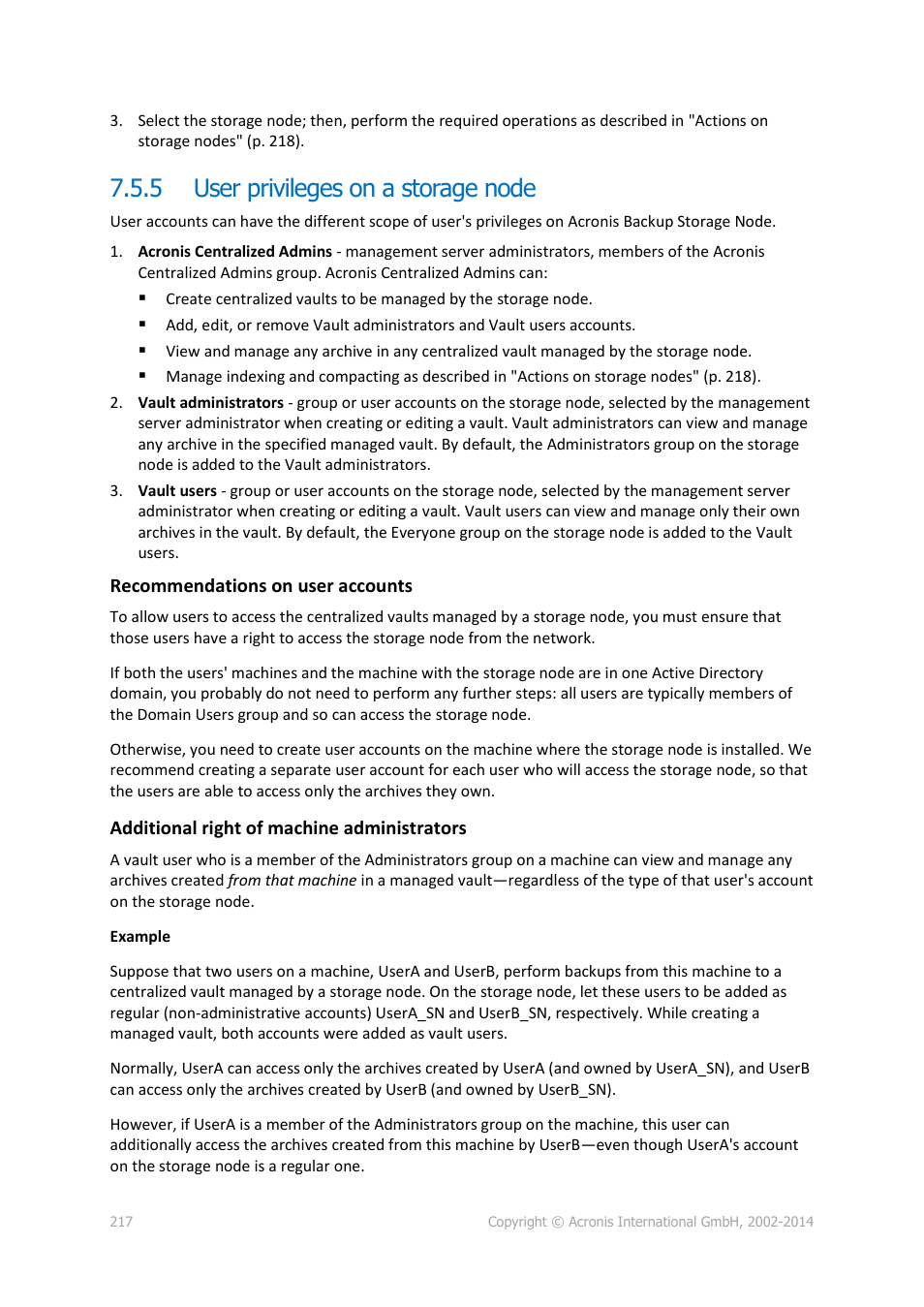 5 user privileges on a storage node, User privileges on a storage node | Acronis Backup for Windows Server Essentials - User Guide User Manual | Page 217 / 442