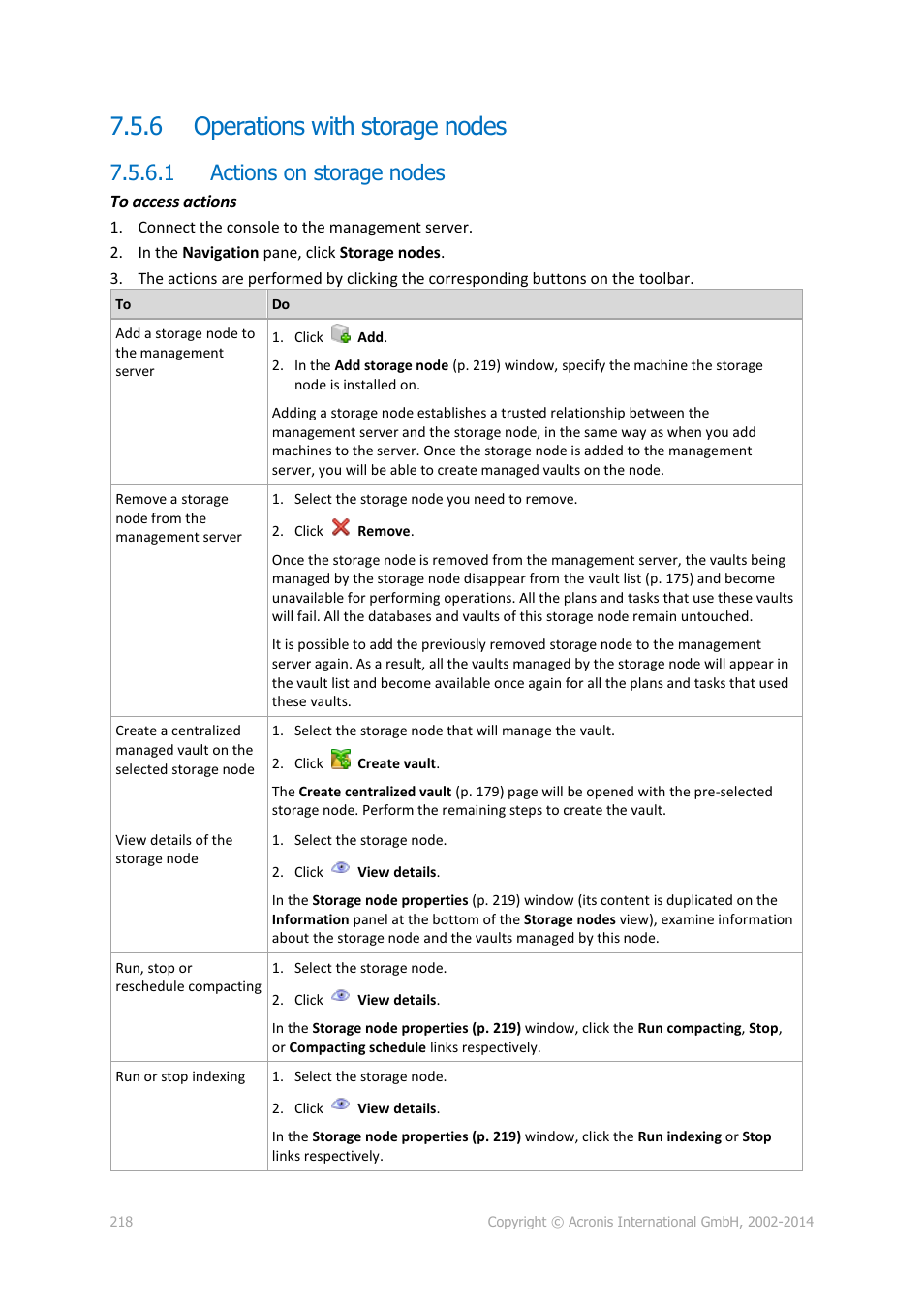 6 operations with storage nodes, 1 actions on storage nodes, Operations with storage nodes | P. 218) | Acronis Backup for Windows Server Essentials - User Guide User Manual | Page 218 / 442