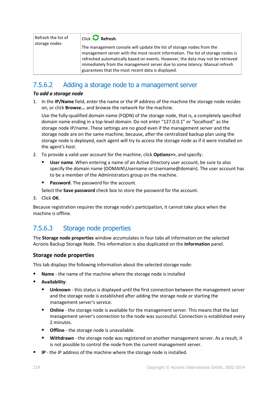2 adding a storage node to a management server, 3 storage node properties | Acronis Backup for Windows Server Essentials - User Guide User Manual | Page 219 / 442