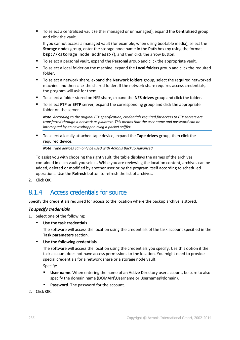4 access credentials for source, Access credentials for source | Acronis Backup for Windows Server Essentials - User Guide User Manual | Page 235 / 442