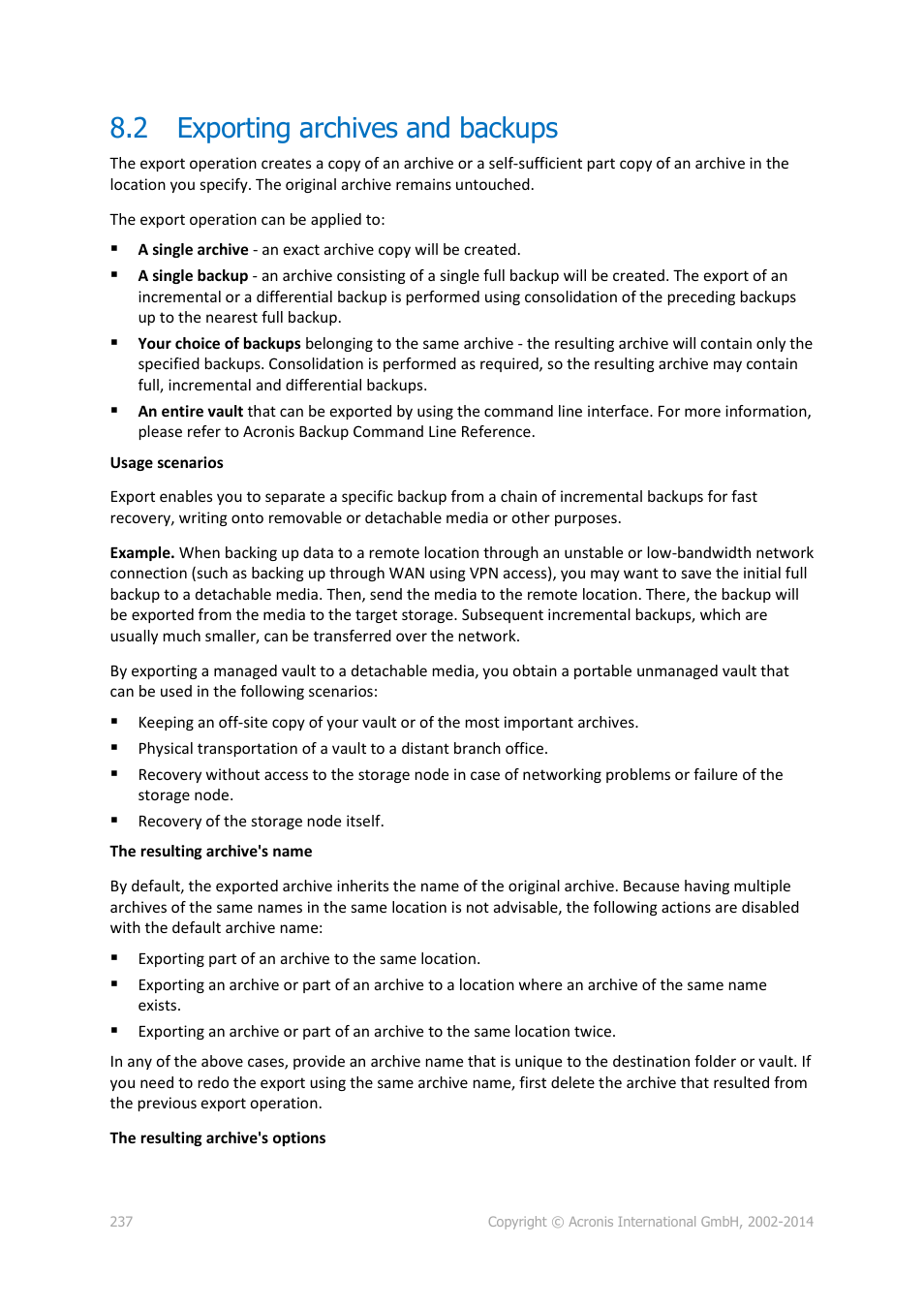 2 exporting archives and backups, Exporting archives and backups | Acronis Backup for Windows Server Essentials - User Guide User Manual | Page 237 / 442