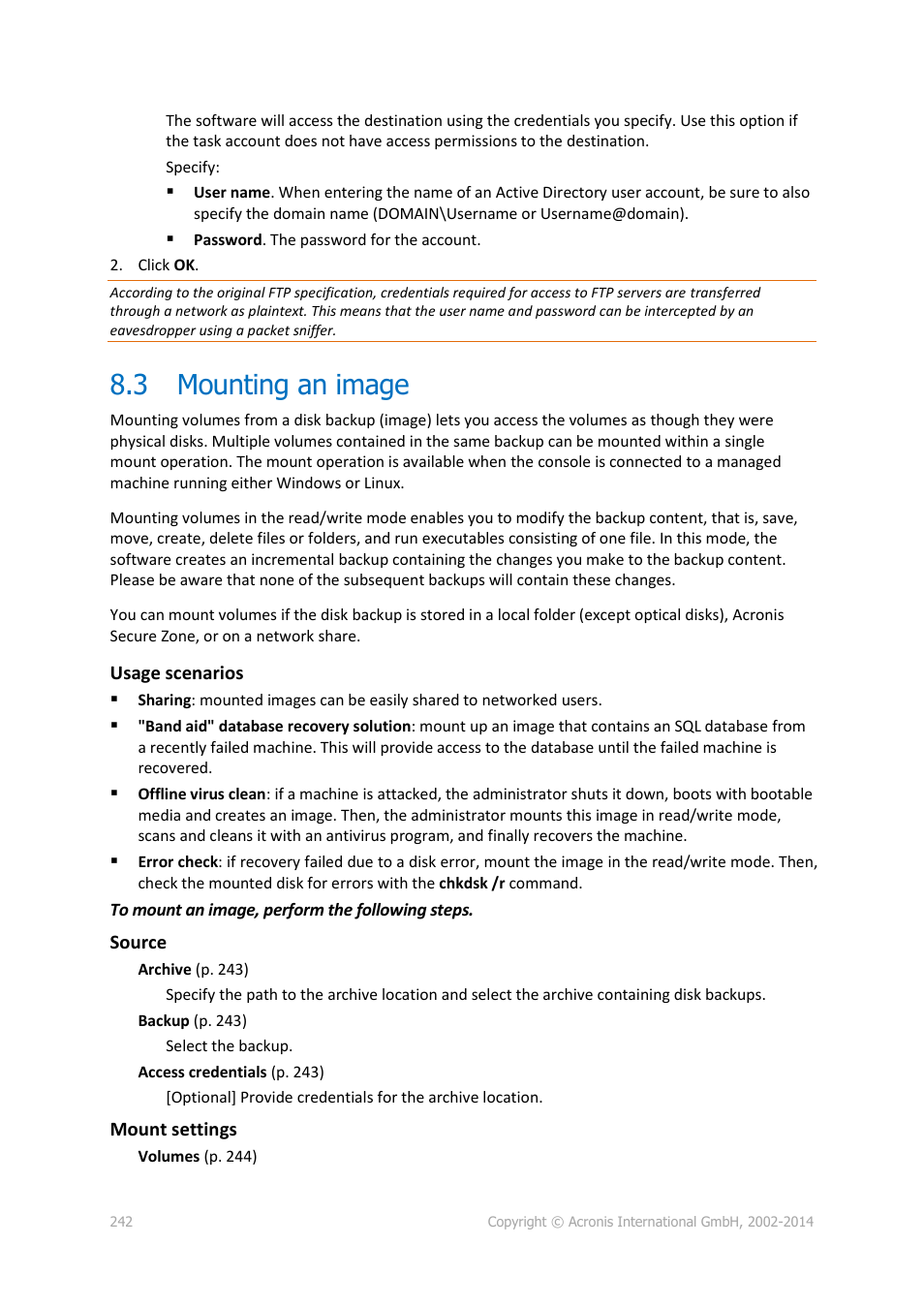 3 mounting an image, Mounting an image | Acronis Backup for Windows Server Essentials - User Guide User Manual | Page 242 / 442