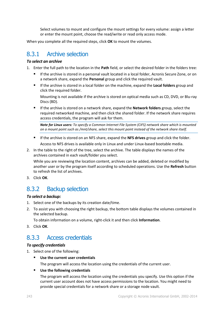1 archive selection, 2 backup selection, 3 access credentials | Archive selection, Backup selection, Access credentials, P. 243) | Acronis Backup for Windows Server Essentials - User Guide User Manual | Page 243 / 442