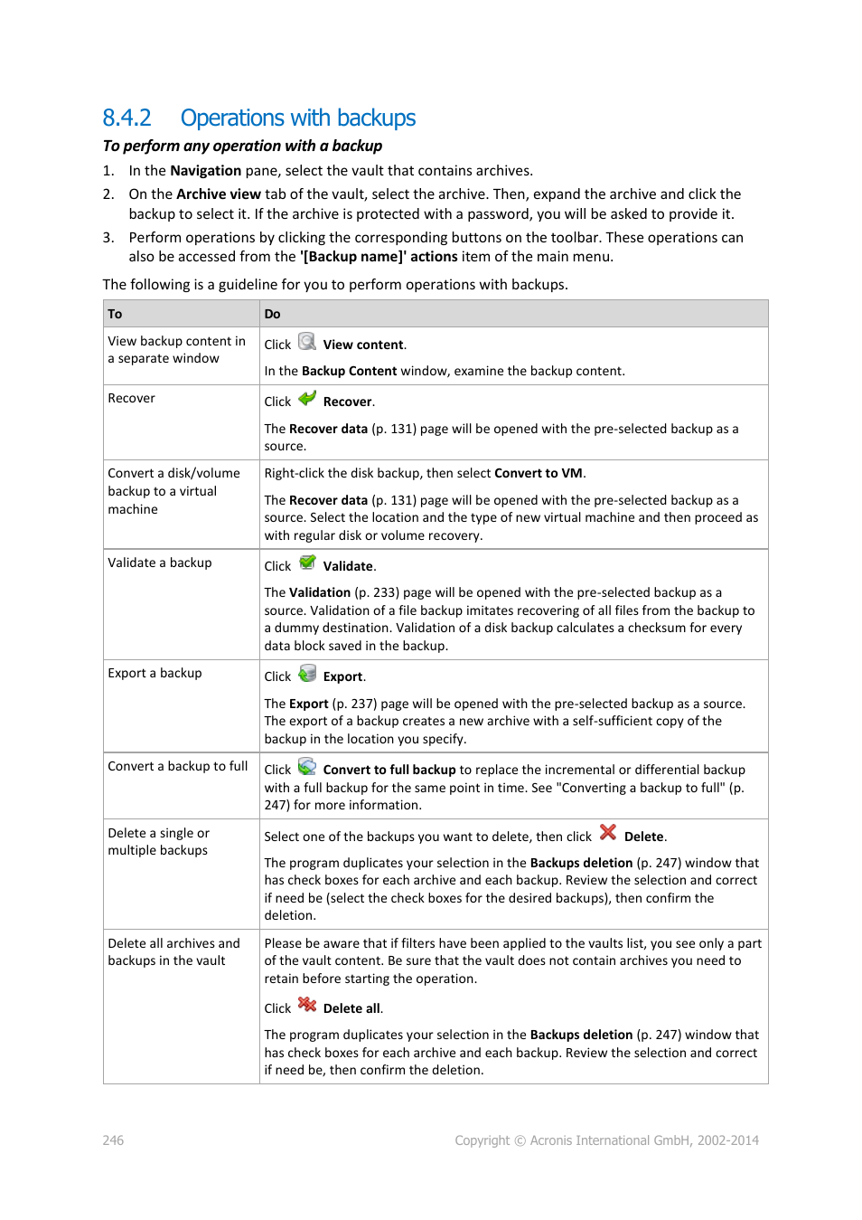 2 operations with backups, Operations with backups | Acronis Backup for Windows Server Essentials - User Guide User Manual | Page 246 / 442