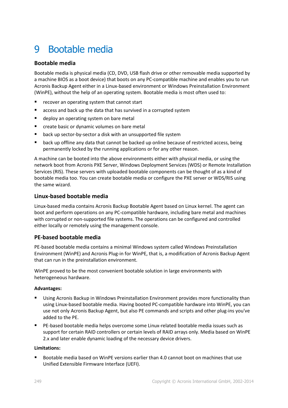 9 bootable media, Bootable media | Acronis Backup for Windows Server Essentials - User Guide User Manual | Page 249 / 442