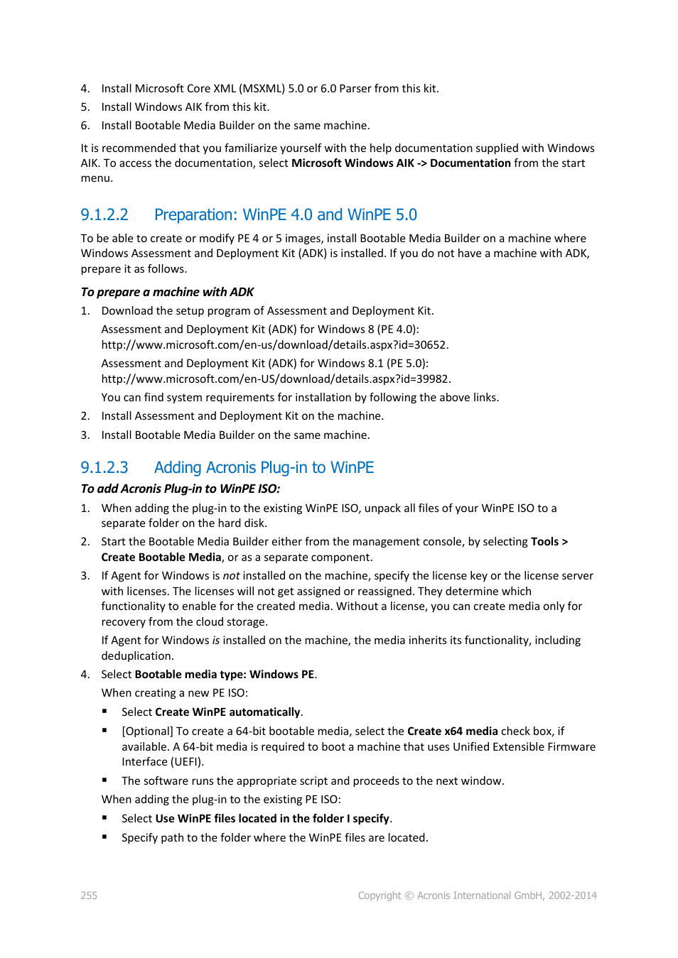 2 preparation: winpe 4.0 and winpe 5.0, 3 adding acronis plug-in to winpe | Acronis Backup for Windows Server Essentials - User Guide User Manual | Page 255 / 442