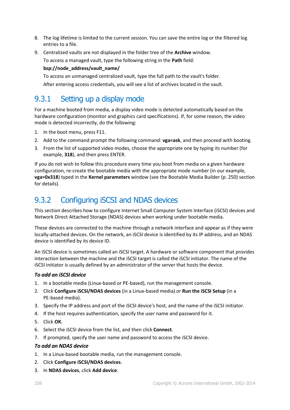 1 setting up a display mode, 2 configuring iscsi and ndas devices, Setting up a display mode | Configuring iscsi and ndas devices | Acronis Backup for Windows Server Essentials - User Guide User Manual | Page 258 / 442