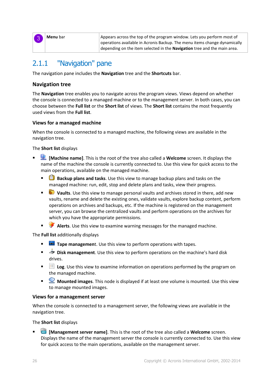 1 "navigation" pane, Navigation" pane | Acronis Backup for Windows Server Essentials - User Guide User Manual | Page 26 / 442