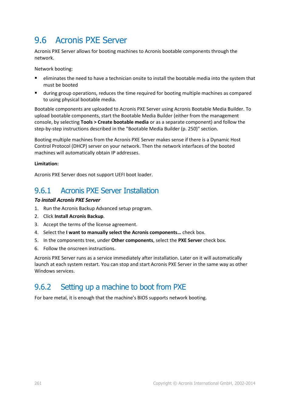 6 acronis pxe server, 1 acronis pxe server installation, 2 setting up a machine to boot from pxe | Acronis pxe server, Acronis pxe server installation, Setting up a machine to boot from pxe | Acronis Backup for Windows Server Essentials - User Guide User Manual | Page 261 / 442