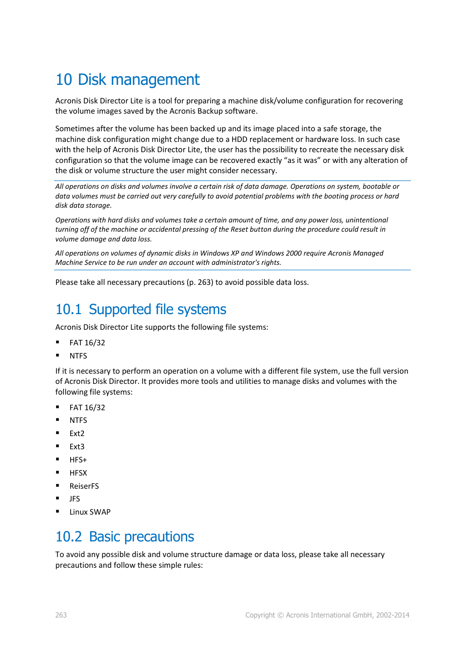 10 disk management, 1 supported file systems, 2 basic precautions | Disk management, Supported file systems, Basic precautions, P. 263) | Acronis Backup for Windows Server Essentials - User Guide User Manual | Page 263 / 442