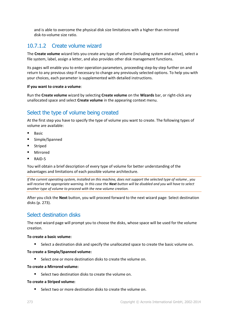 2 create volume wizard, Select the type of volume being created, Select destination disks | Acronis Backup for Windows Server Essentials - User Guide User Manual | Page 273 / 442