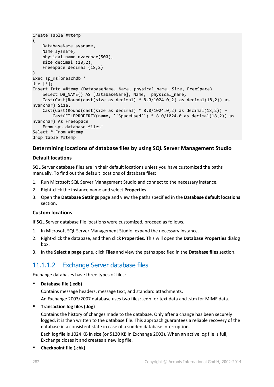 2 exchange server database files | Acronis Backup for Windows Server Essentials - User Guide User Manual | Page 282 / 442