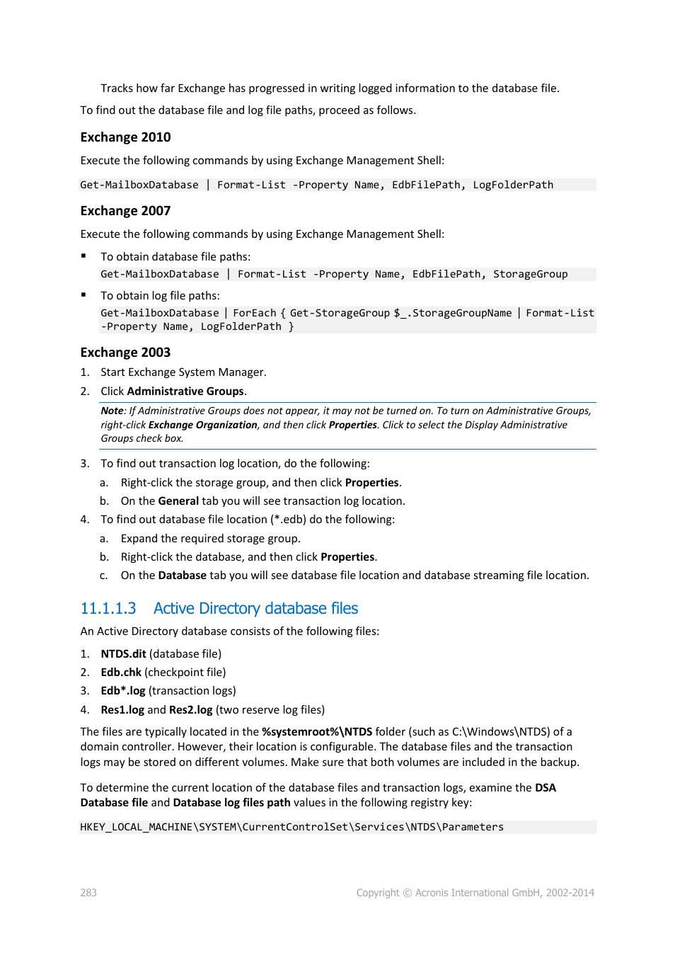 3 active directory database files | Acronis Backup for Windows Server Essentials - User Guide User Manual | Page 283 / 442