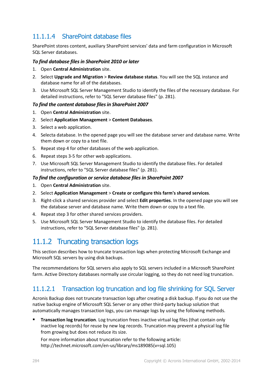 4 sharepoint database files, 2 truncating transaction logs | Acronis Backup for Windows Server Essentials - User Guide User Manual | Page 284 / 442