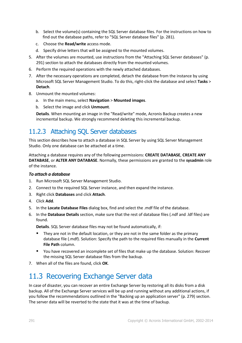 3 attaching sql server databases, 3 recovering exchange server data, Recovering exchange server data | P. 291) | Acronis Backup for Windows Server Essentials - User Guide User Manual | Page 291 / 442