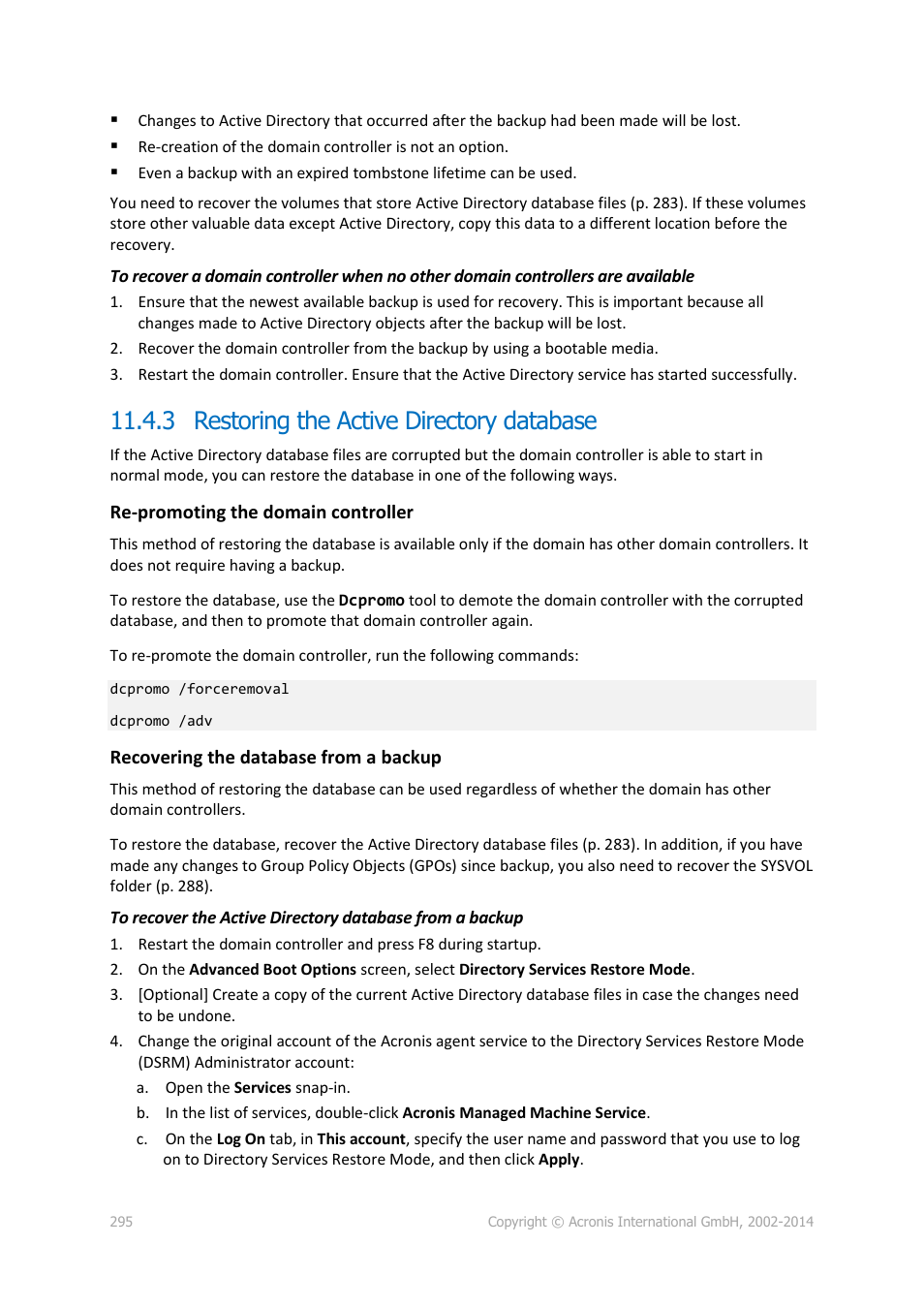 3 restoring the active directory database, P. 295) | Acronis Backup for Windows Server Essentials - User Guide User Manual | Page 295 / 442