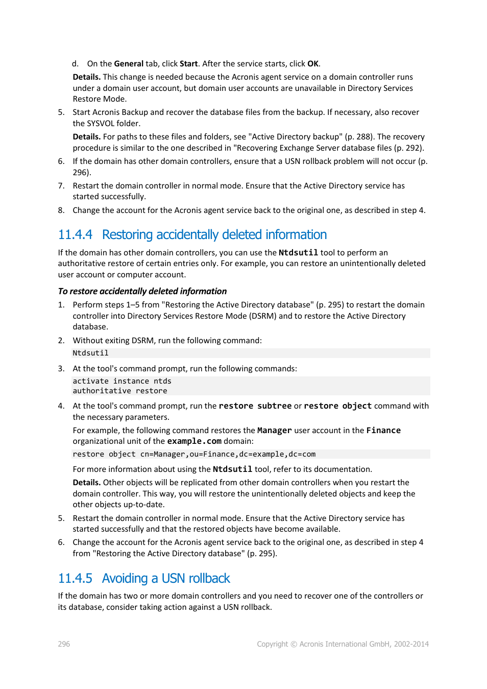 4 restoring accidentally deleted information, 5 avoiding a usn rollback, P. 296) | Acronis Backup for Windows Server Essentials - User Guide User Manual | Page 296 / 442