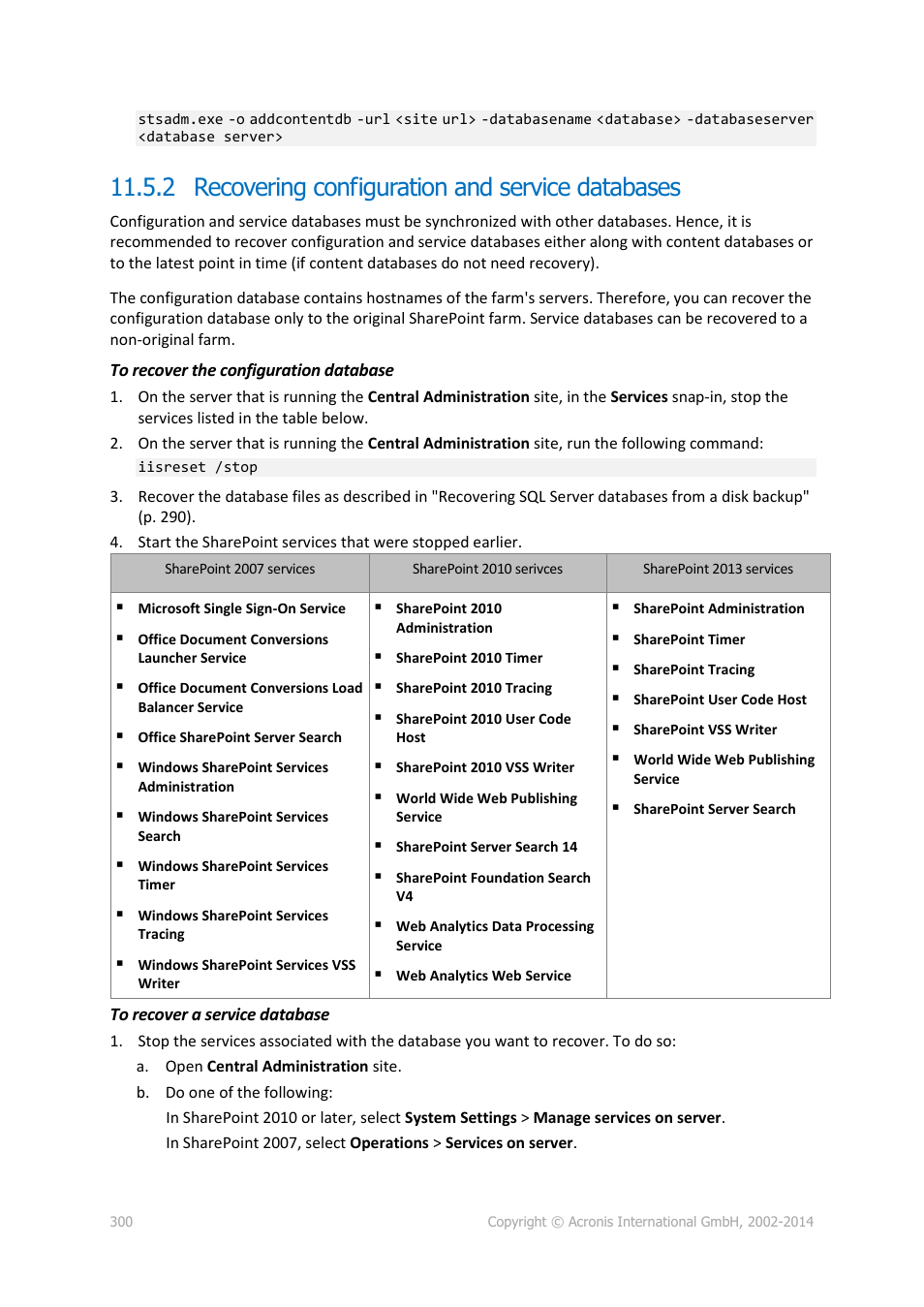 2 recovering configuration and service databases | Acronis Backup for Windows Server Essentials - User Guide User Manual | Page 300 / 442