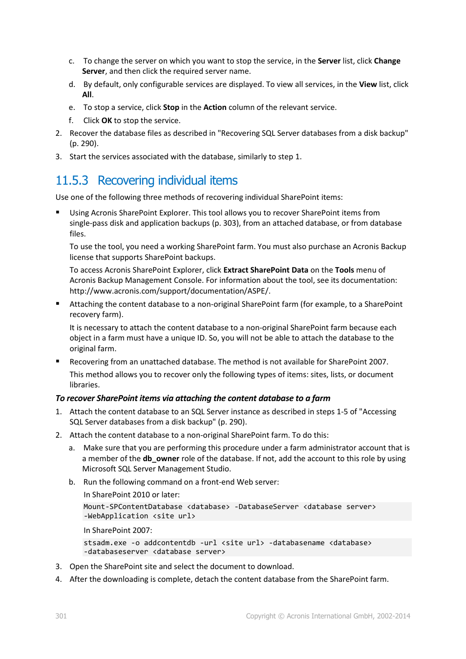 3 recovering individual items | Acronis Backup for Windows Server Essentials - User Guide User Manual | Page 301 / 442