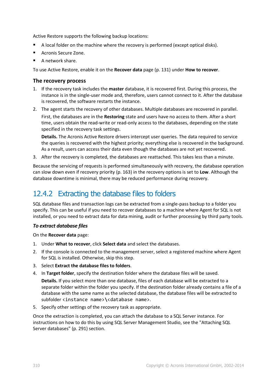 2 extracting the database files to folders | Acronis Backup for Windows Server Essentials - User Guide User Manual | Page 310 / 442