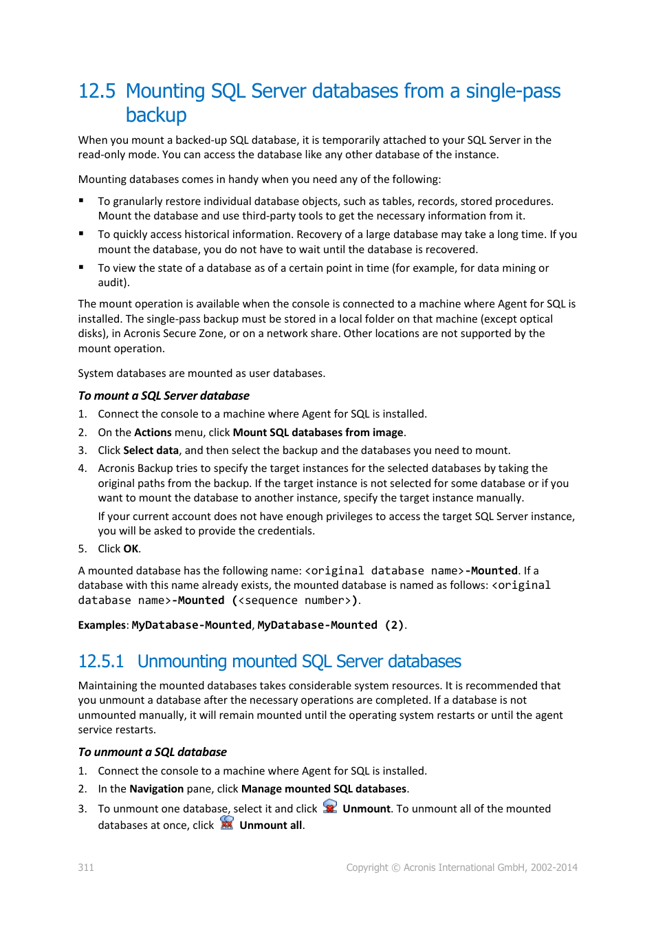 1 unmounting mounted sql server databases | Acronis Backup for Windows Server Essentials - User Guide User Manual | Page 311 / 442