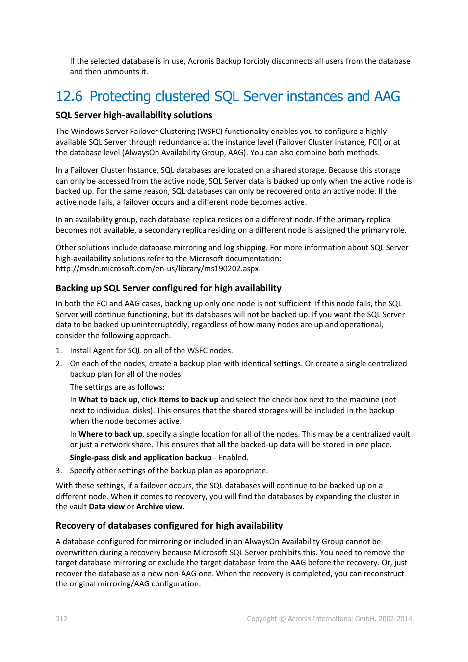 Protecting clustered sql server instances and aag | Acronis Backup for Windows Server Essentials - User Guide User Manual | Page 312 / 442