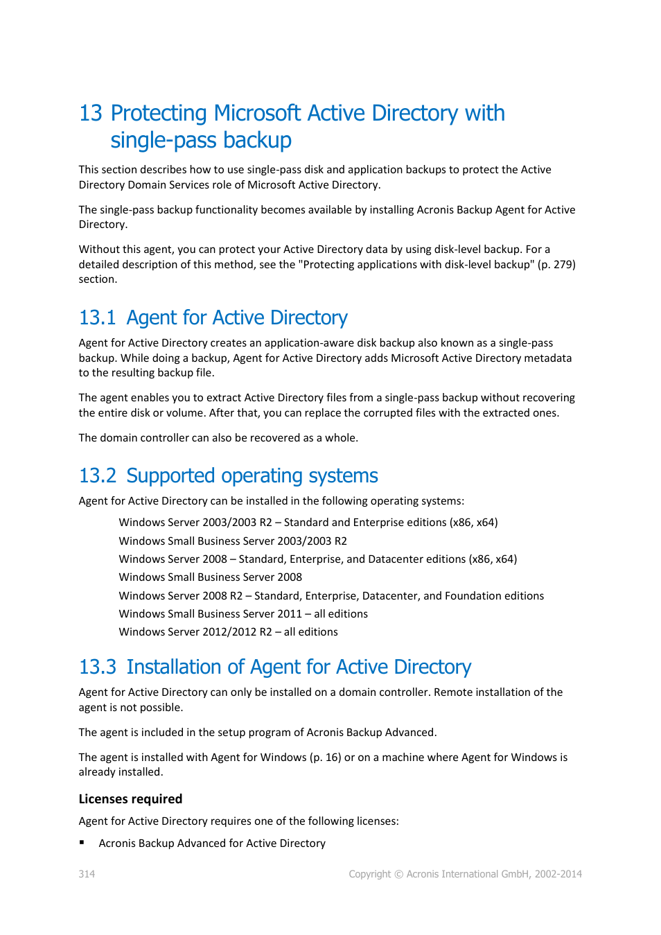 1 agent for active directory, 2 supported operating systems, 3 installation of agent for active directory | Agent for active directory, Supported operating systems, Installation of agent for active directory | Acronis Backup for Windows Server Essentials - User Guide User Manual | Page 314 / 442