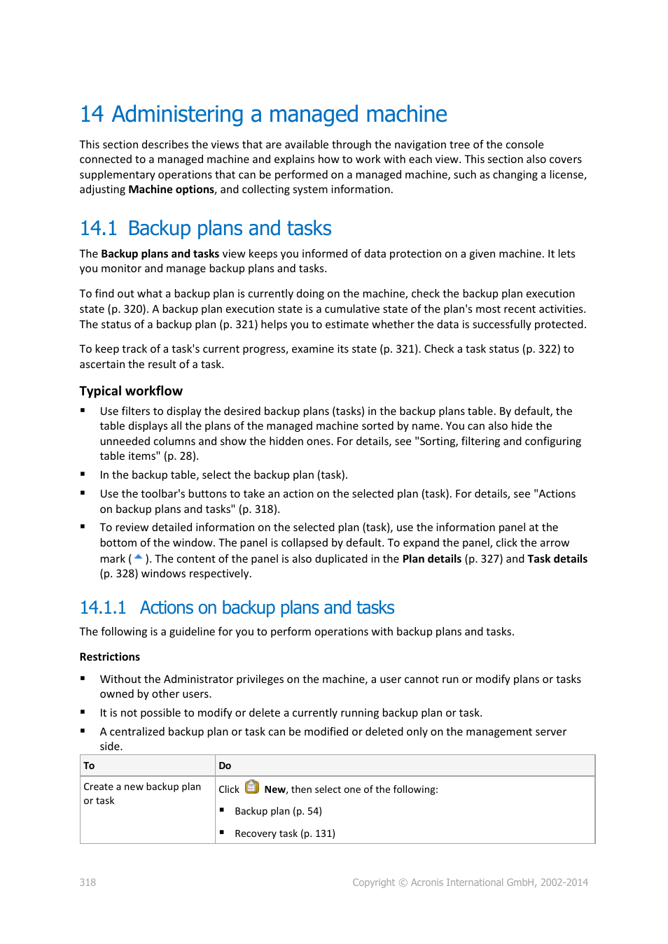 14 administering a managed machine, 1 backup plans and tasks, 1 actions on backup plans and tasks | Administering a managed machine, Backup plans and tasks, P. 318) | Acronis Backup for Windows Server Essentials - User Guide User Manual | Page 318 / 442