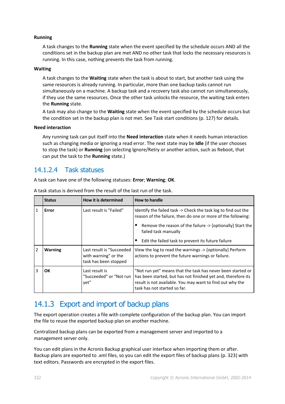 4 task statuses, 3 export and import of backup plans, P. 322) | Acronis Backup for Windows Server Essentials - User Guide User Manual | Page 322 / 442