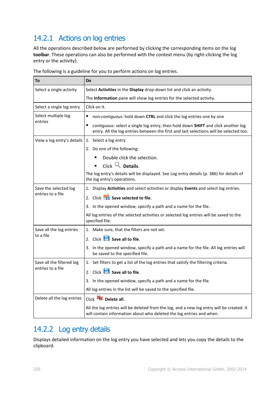 1 actions on log entries, 2 log entry details, 1 actions on log entries 14.2.2 log entry details | Acronis Backup for Windows Server Essentials - User Guide User Manual | Page 329 / 442