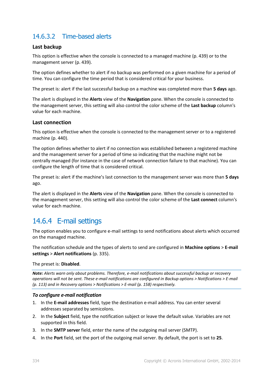 2 time-based alerts, 4 e-mail settings | Acronis Backup for Windows Server Essentials - User Guide User Manual | Page 334 / 442
