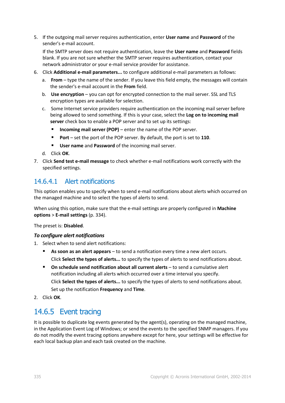 1 alert notifications, 5 event tracing, P. 335) | Acronis Backup for Windows Server Essentials - User Guide User Manual | Page 335 / 442