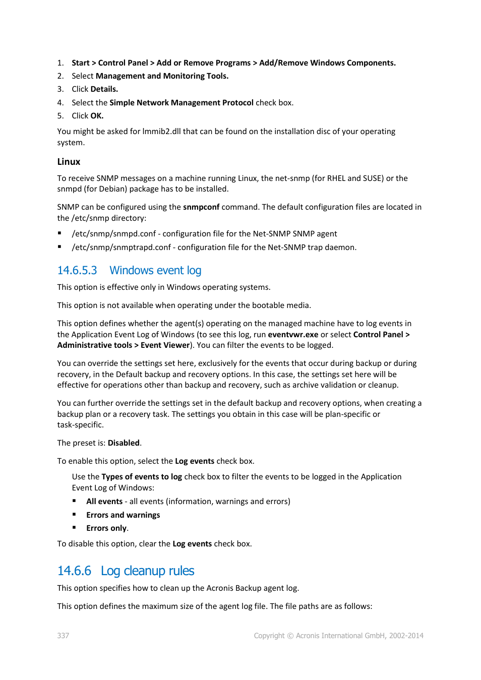 3 windows event log, 6 log cleanup rules | Acronis Backup for Windows Server Essentials - User Guide User Manual | Page 337 / 442