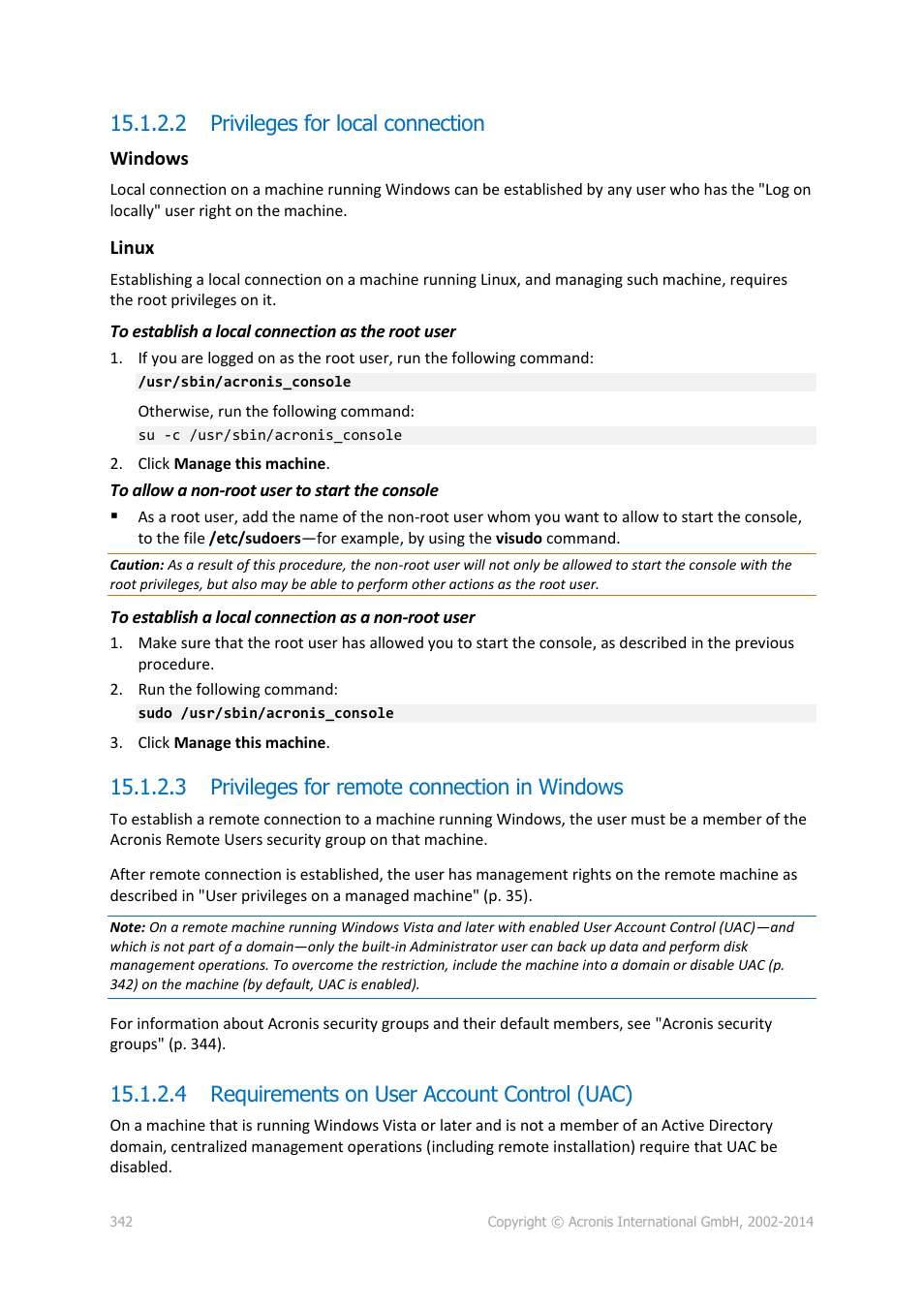 2 privileges for local connection, 3 privileges for remote connection in windows, 4 requirements on user account control (uac) | Acronis Backup for Windows Server Essentials - User Guide User Manual | Page 342 / 442