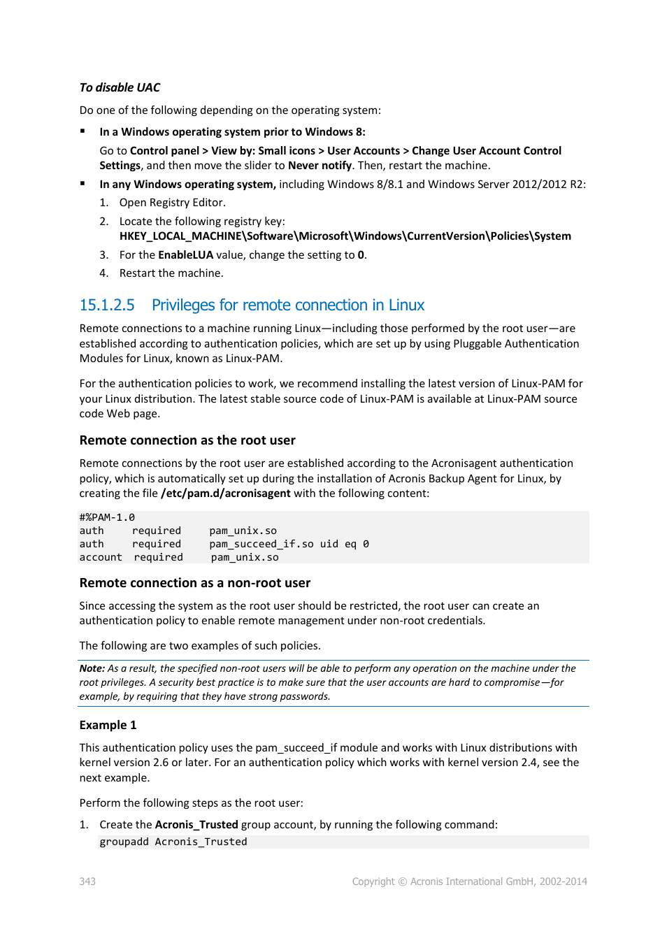 5 privileges for remote connection in linux | Acronis Backup for Windows Server Essentials - User Guide User Manual | Page 343 / 442
