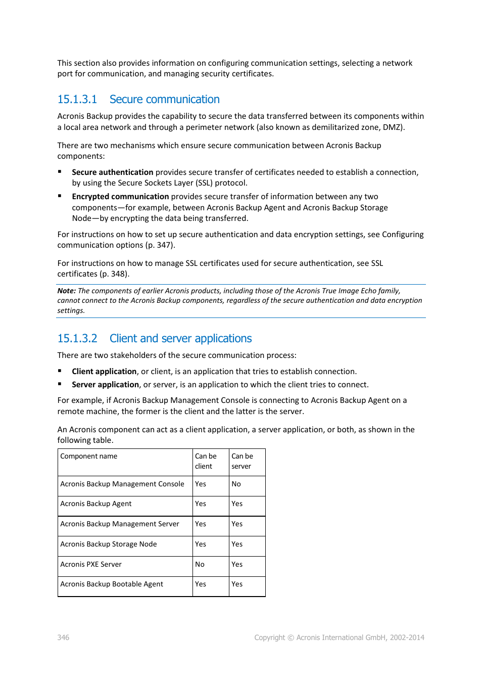 1 secure communication, 2 client and server applications | Acronis Backup for Windows Server Essentials - User Guide User Manual | Page 346 / 442
