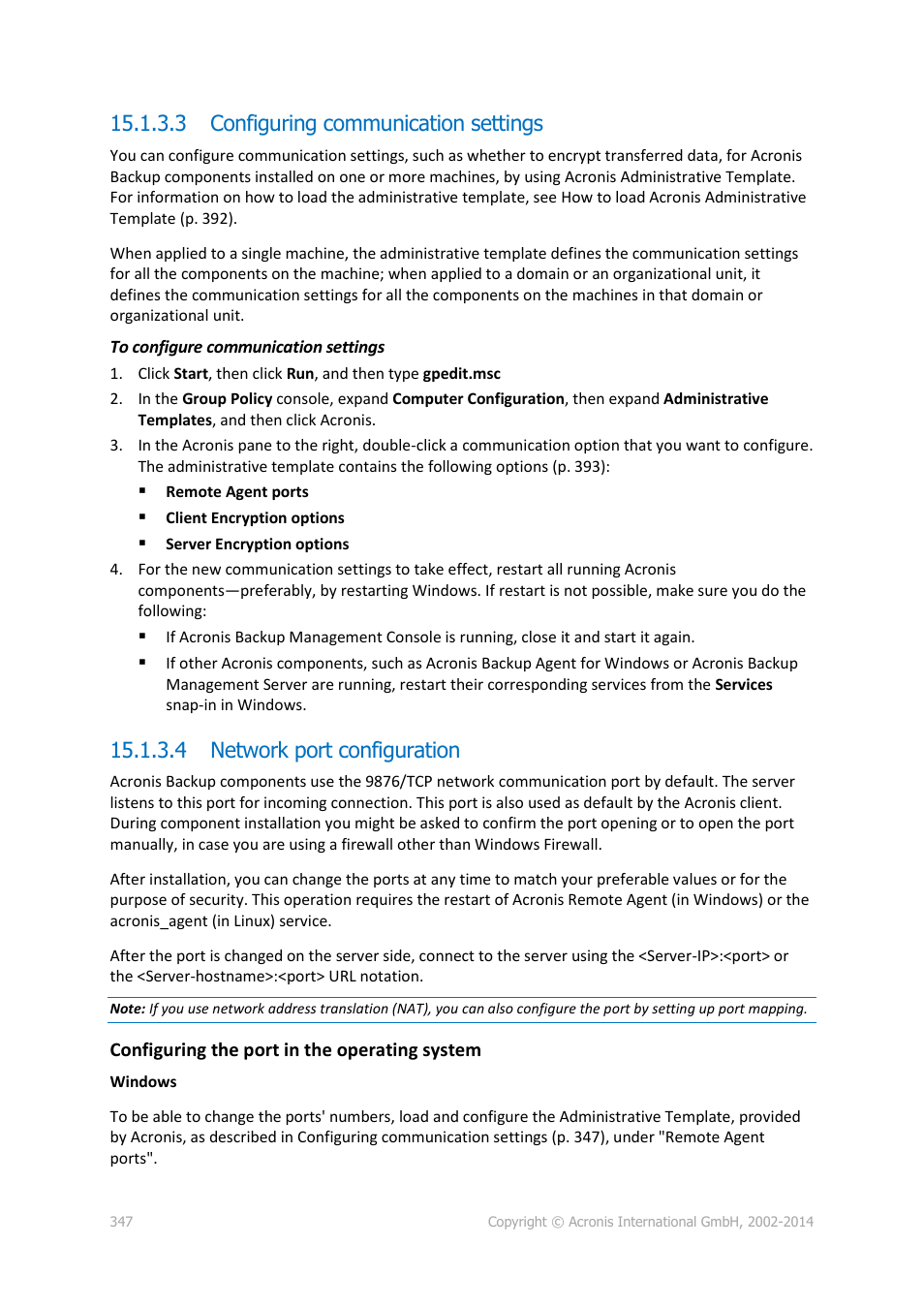 3 configuring communication settings, 4 network port configuration | Acronis Backup for Windows Server Essentials - User Guide User Manual | Page 347 / 442