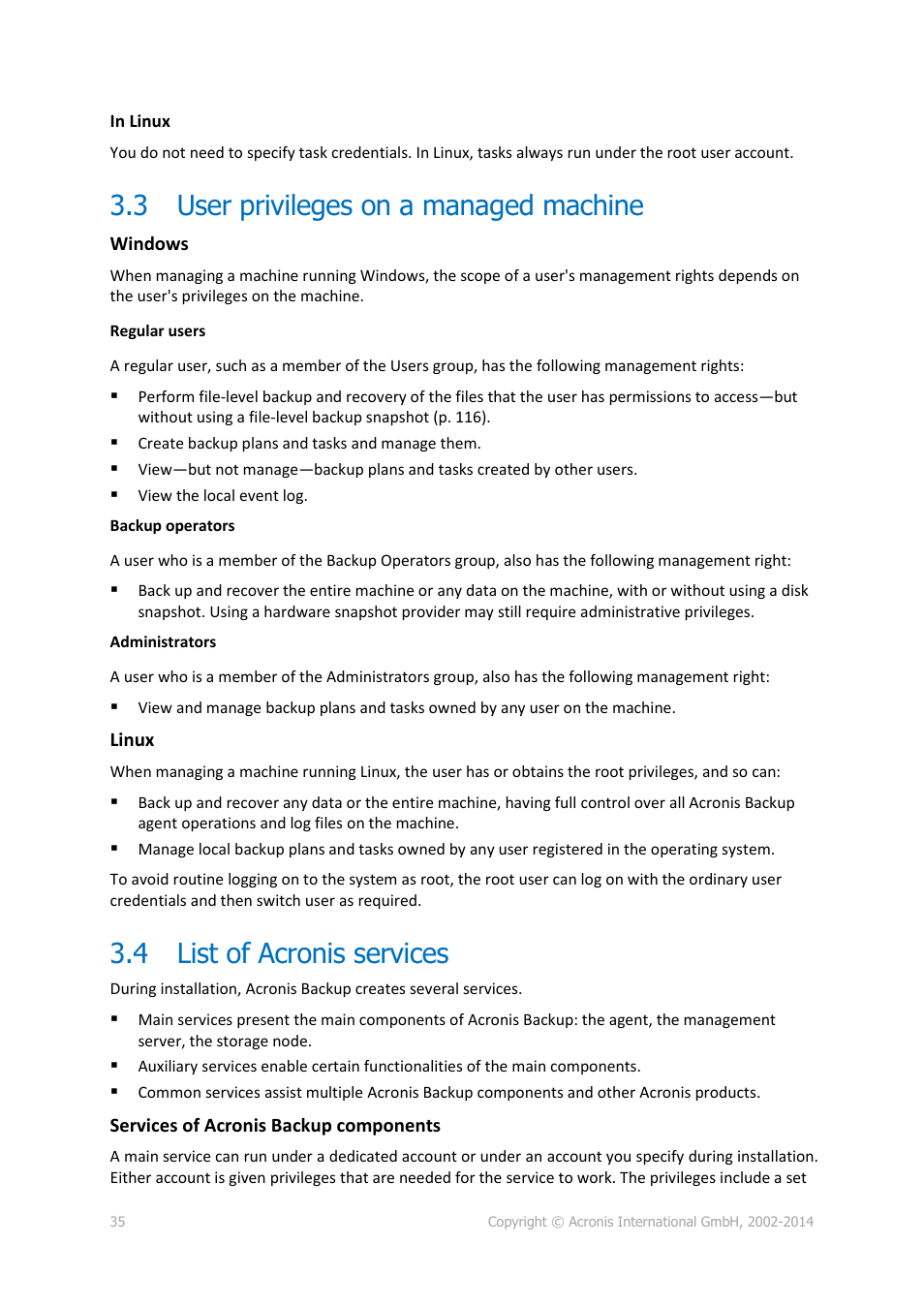 3 user privileges on a managed machine, 4 list of acronis services, User privileges on a managed machine | List of acronis services | Acronis Backup for Windows Server Essentials - User Guide User Manual | Page 35 / 442