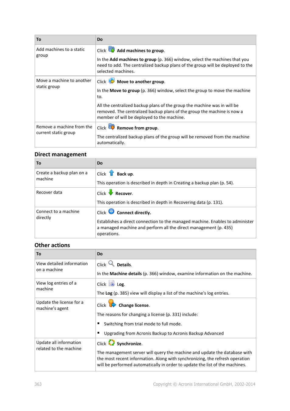 Direct management, Other actions | Acronis Backup for Windows Server Essentials - User Guide User Manual | Page 363 / 442