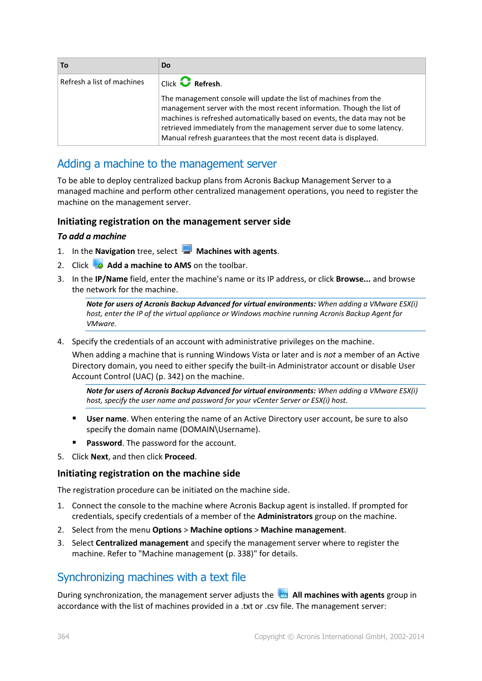Adding a machine to the management server, Synchronizing machines with a text file | Acronis Backup for Windows Server Essentials - User Guide User Manual | Page 364 / 442
